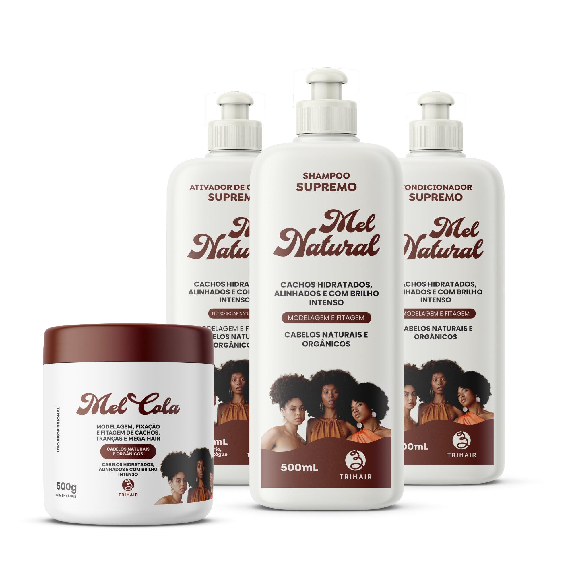 Kit Shampoo + Condicionador + Ativador Mel Natural + Mel Cola 500g - Trihair Cosméticos